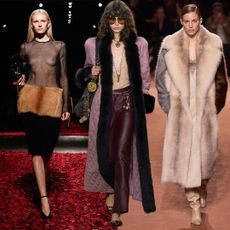 A collage of images of models on the F/W 25 runways at Miu Miu, Ferragamo, Chlo&eacute;, Fendi, and Altuzarra wearing variations of fur and shearling. 