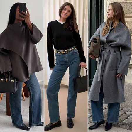 fashion collage of three style influencers including Marilyn Nwawulor Kazemaks, Coco Schiffer, and Clara Dyrhauge wearing chic 2026 trends like scarf coats, V-neck sweaters, bootcut jeans, and kitten-heel boots